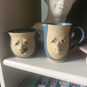 The Village Face Pottery Nova Scotia Ceramic Creamer and Sugar Bowl Earthenware